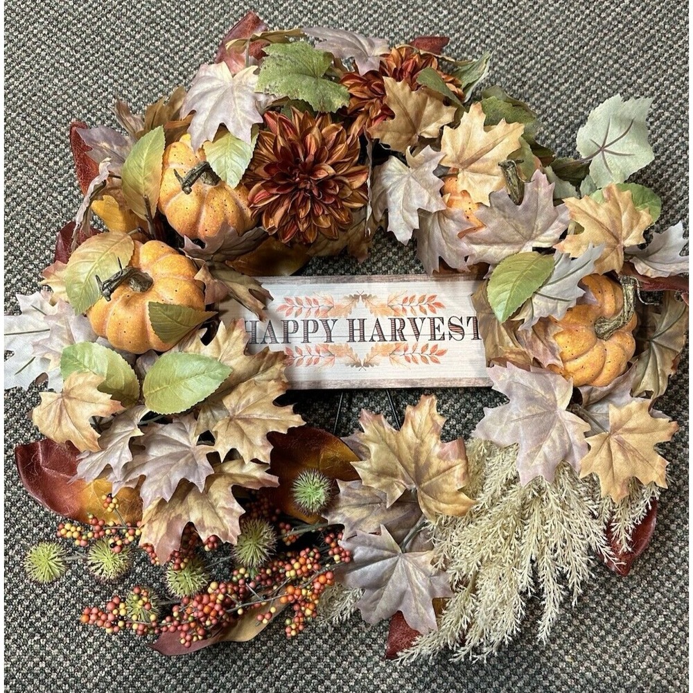 Happy Harvest Mixed Media 20" Wreath Leaves Pumpkins Fall Autumn